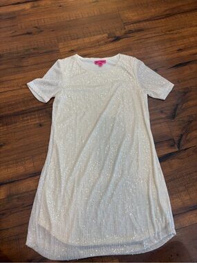 Betsey Johnson Women’s Cream Mesh Sequin Short Sleeve Dress Mini Shift Size M